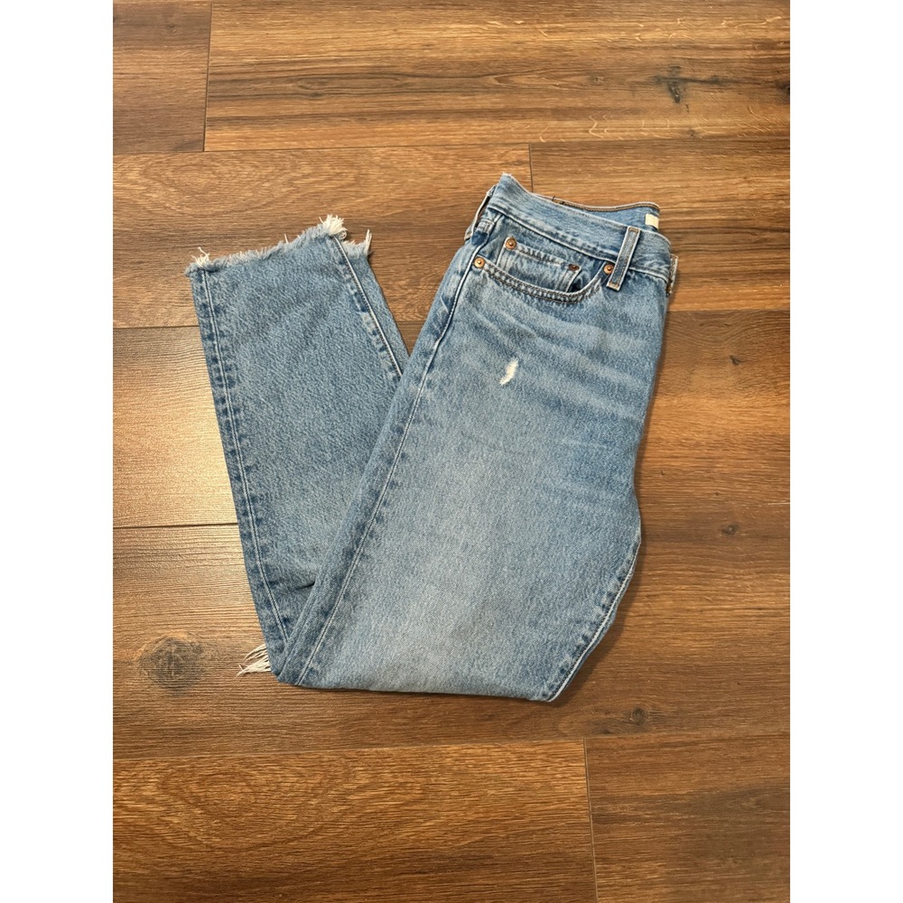 Levis Wedgie Straight Distressed High Rise Jeans Blue Size 27 Raw Hem